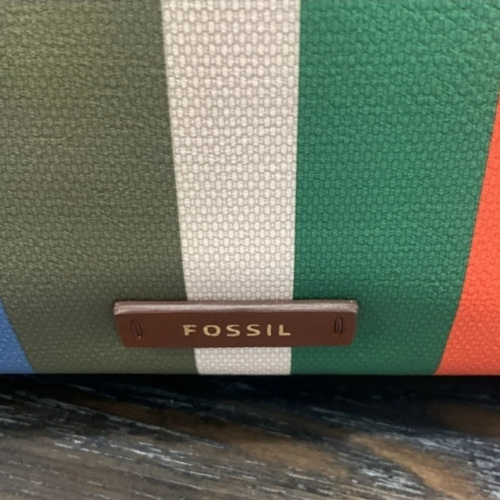 Fossil Sydney tote in Colorful Stripes brown vegan leather trim new with tags